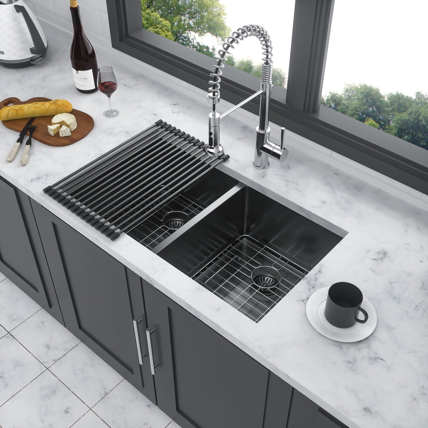 Double Bowl Undermount Kitchen Sink 16 Gauge 33&quot; X 19&quot; With Dual 10&quot; Deep Basins - Gunmetal Black