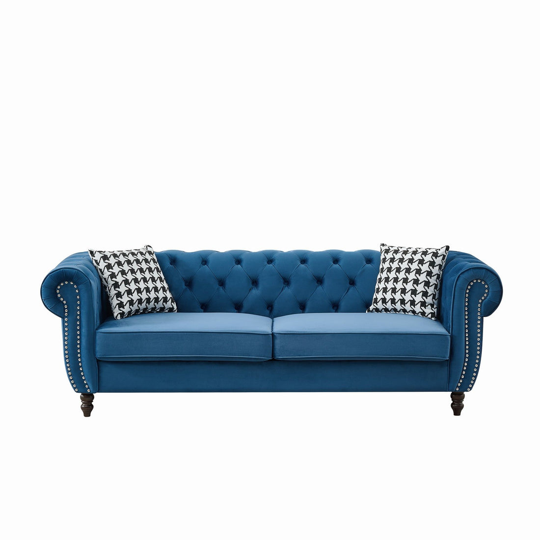 Mid Century Chesterfield Velvet Fabric Sofa With Roll Armrest &amp; Nailhead, Blue, 87 Inches
