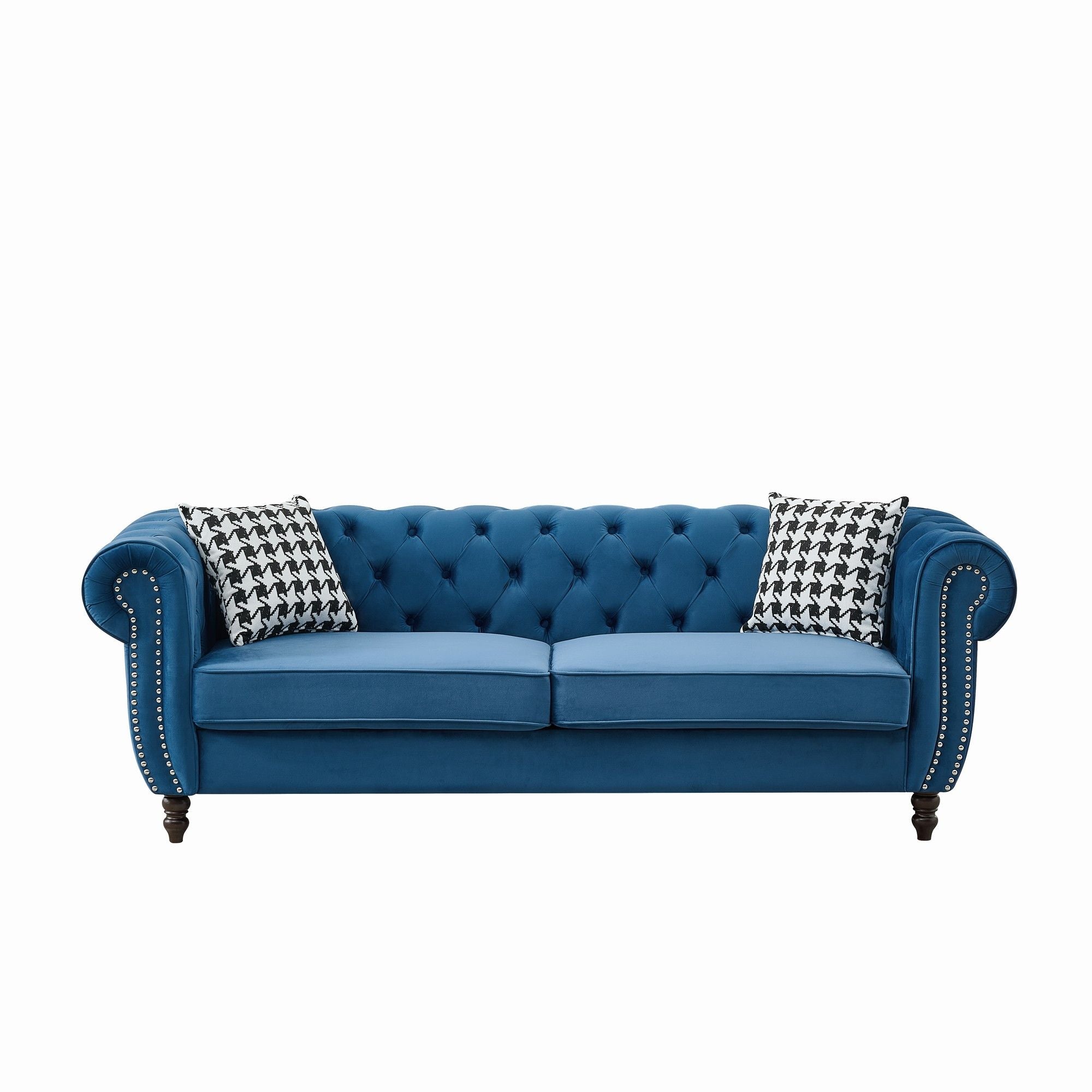 Mid Century Chesterfield Velvet Fabric Sofa With Roll Armrest &amp; Nailhead, Blue, 87 Inches
