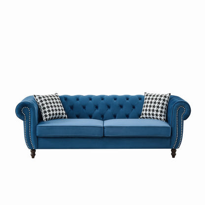 Mid Century Chesterfield Velvet Fabric Sofa With Roll Armrest &amp; Nailhead, Blue, 87 Inches