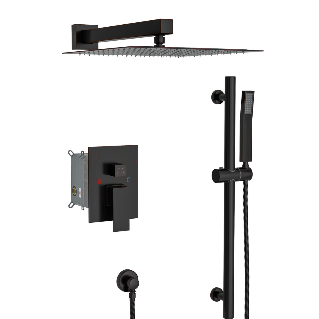 Wall Mounted Square Shower System With Adjustable Slide Bar, Rainfall Shower Head, 10 &quot; - Oil-Rubbed Bronze