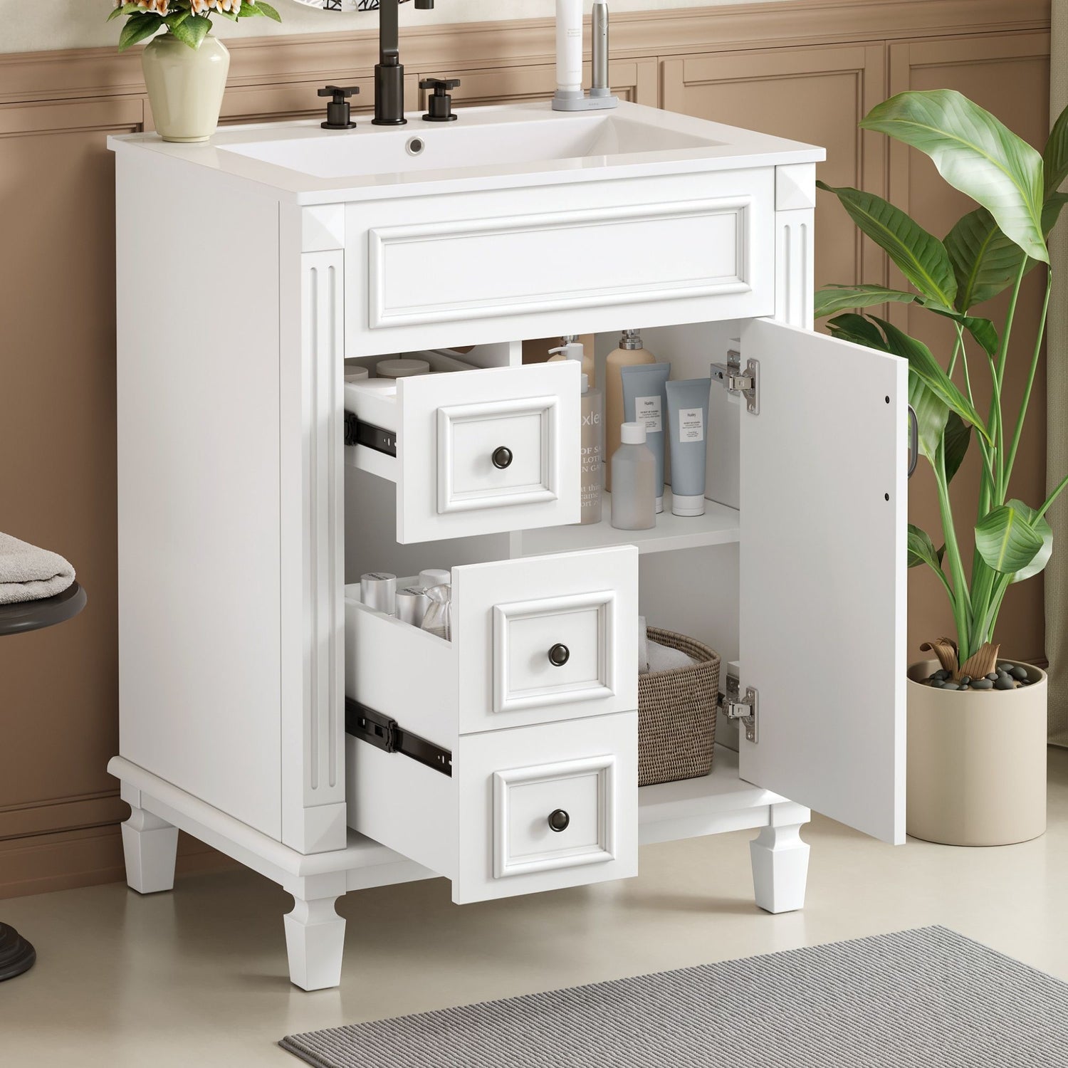 Bathroom Vanity With Sink, Compact Cabinet &amp; 2 Drawers And Adjustable Shelf