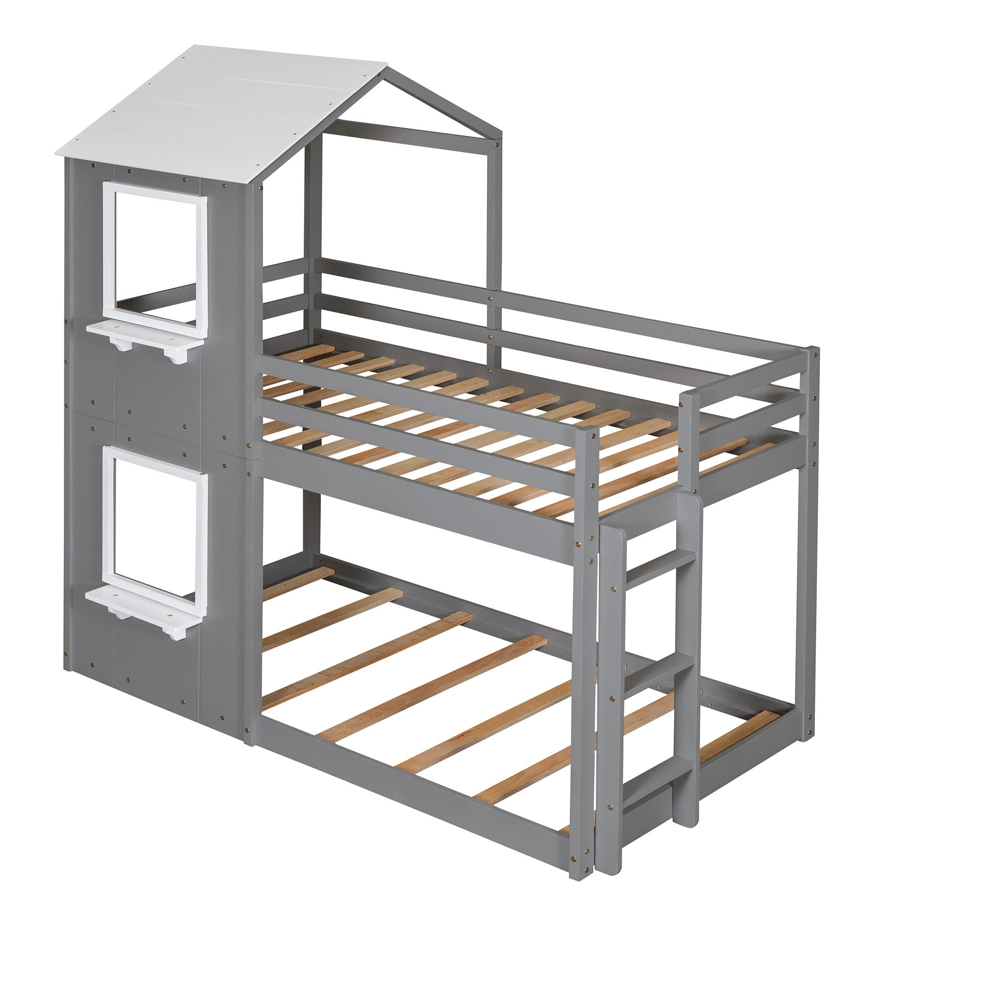 Bunk Bed Wood Bed &amp; Roof, Window, Guardrail, Ladder