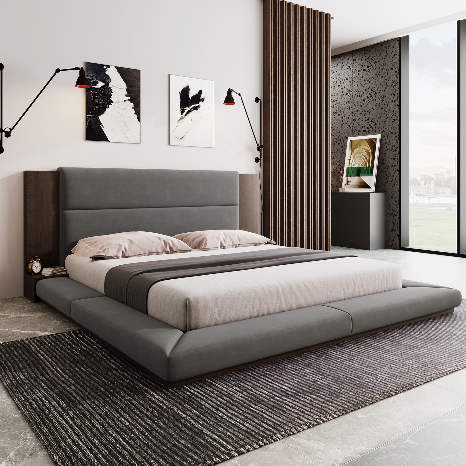 Floor Upholstered Platform Bed With Extended Headboard &amp; Bedside Shelf