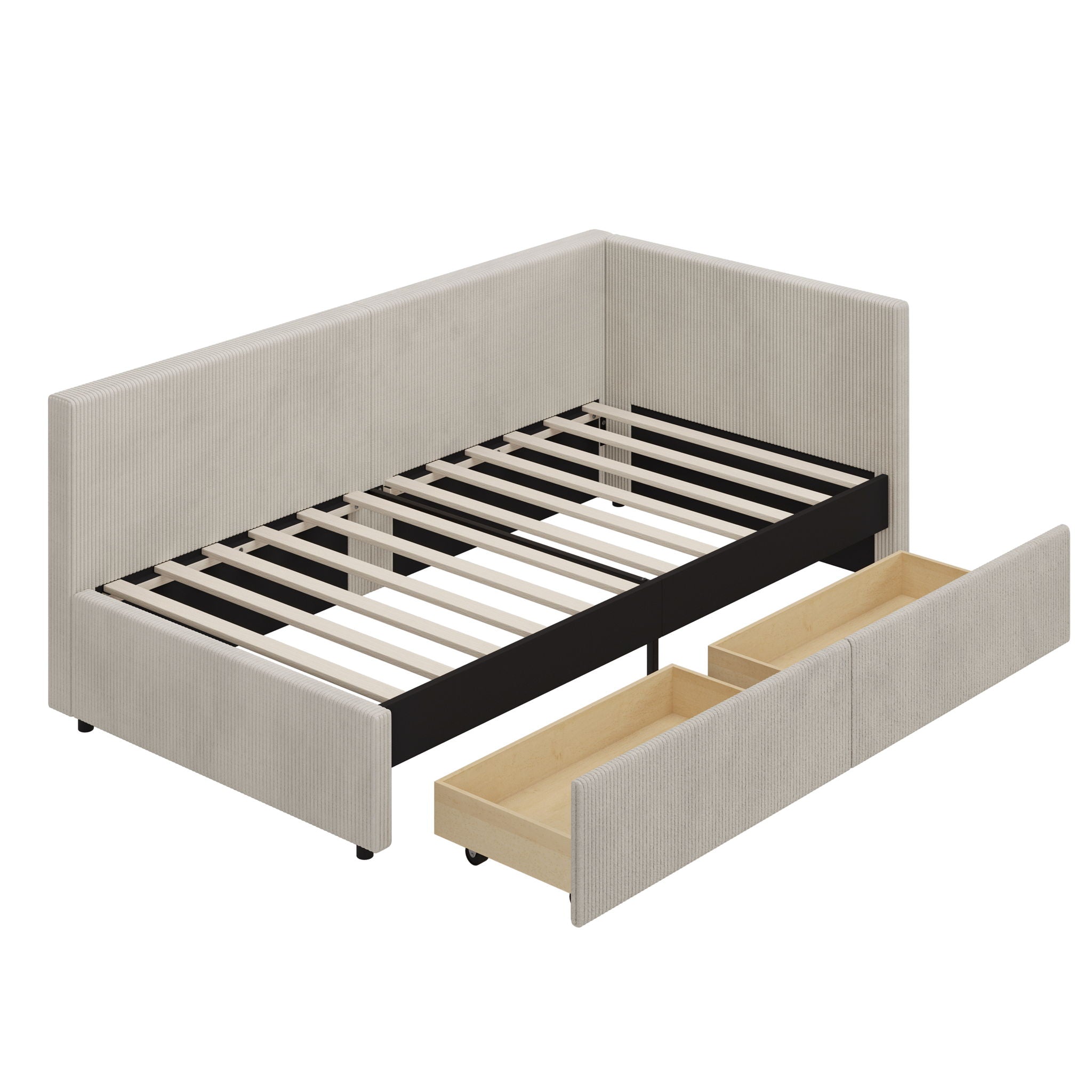 L-Shape Corner Bed, Corduroy Upholstered Daybed With 2 Storage Drawers And Vertical Striped Design