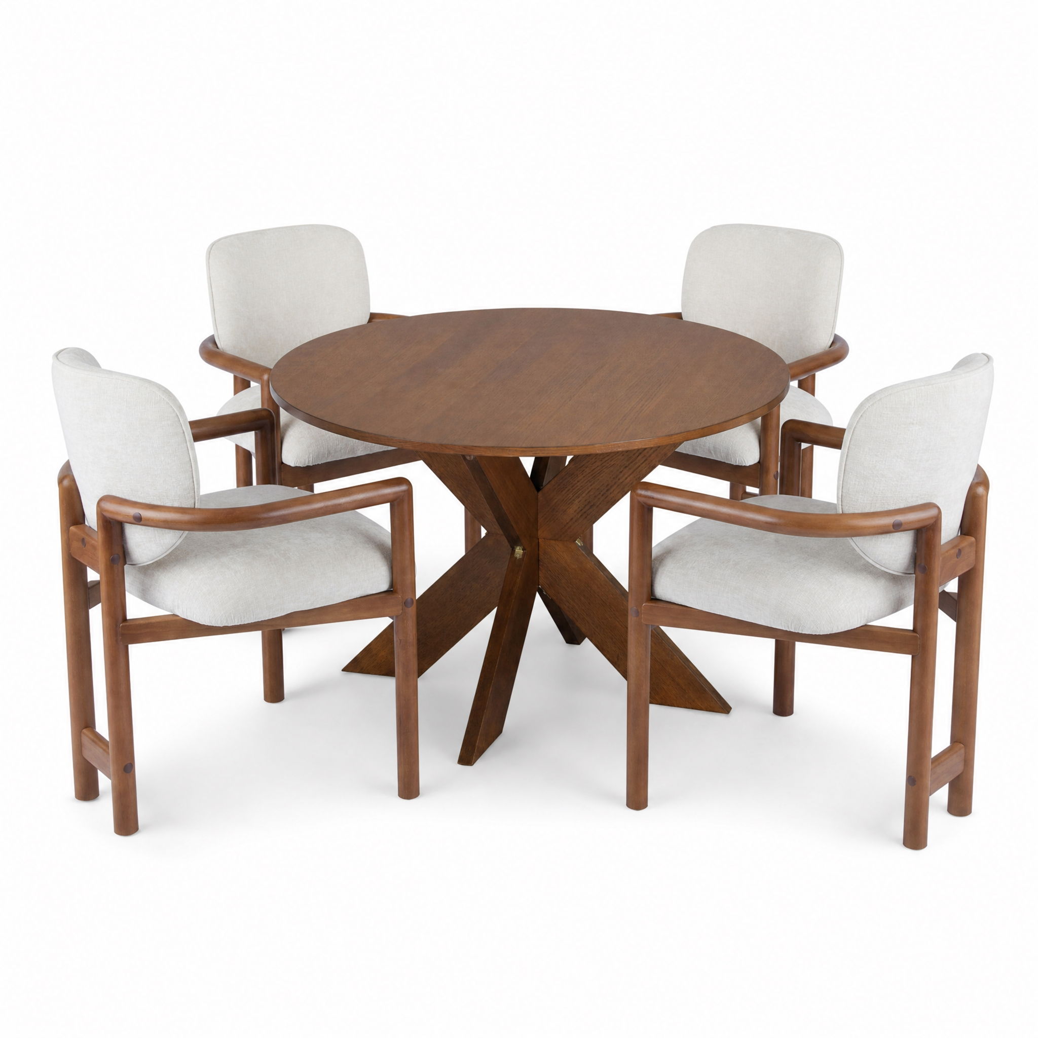5 Piece Indoor Dining Set, Round Table &amp; 4 Brown Arm Chairs - Beige / Brown / Cherry