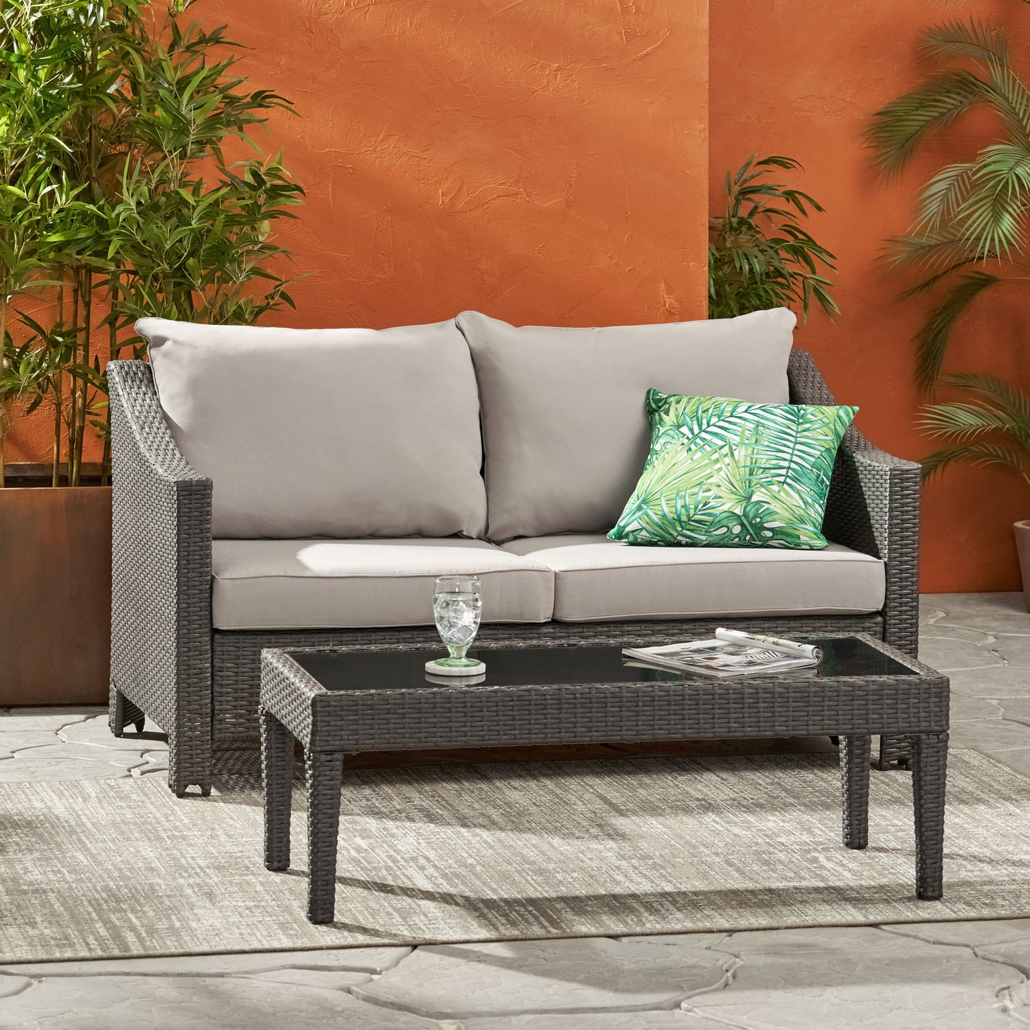Contemporary Antibes Loveseat &amp; Table Set Outdoor - Gray