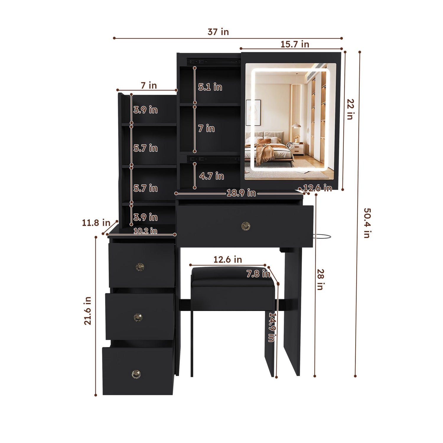 Vanity Desk With 3 LED Lighting Modes, 4 Drawers, Open Shelves, Hair Dryer Holder &amp; Power Socket Dressing Table Set With Chair - Black