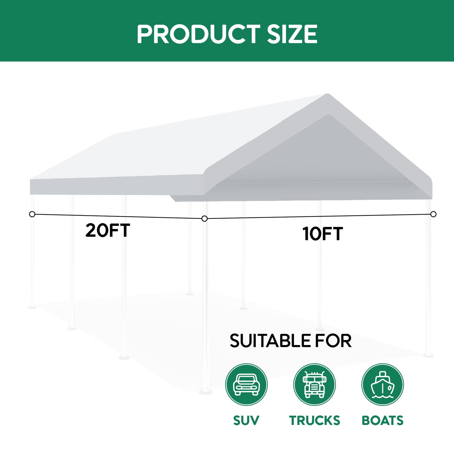 10 X 20 Ft Carport Canopy Cover Replacement Heavy Duty Waterproof Fabric With 36 Bungee Cords UV &amp; Tear Resistant (Cover Only) - White