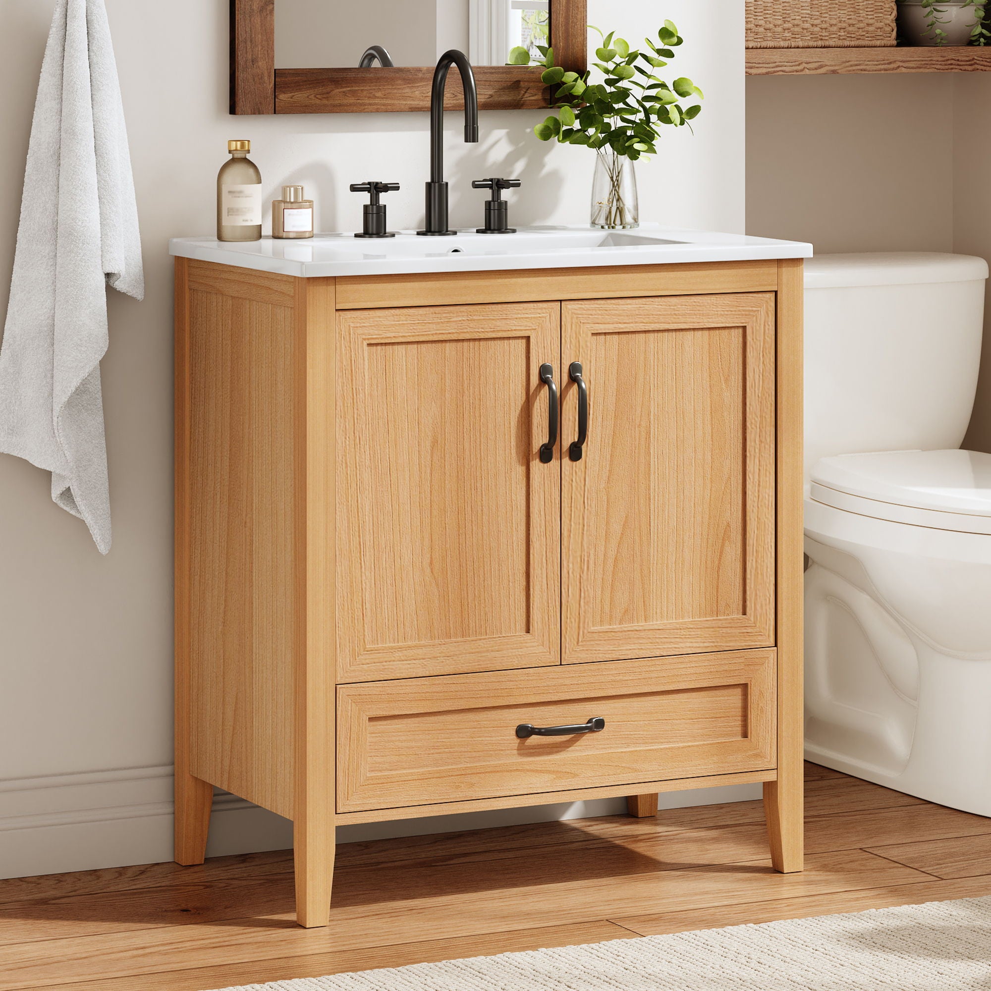 Elegant Fluted Bathroom Vanity With Sink, Soft Close Doors &amp; Drawer