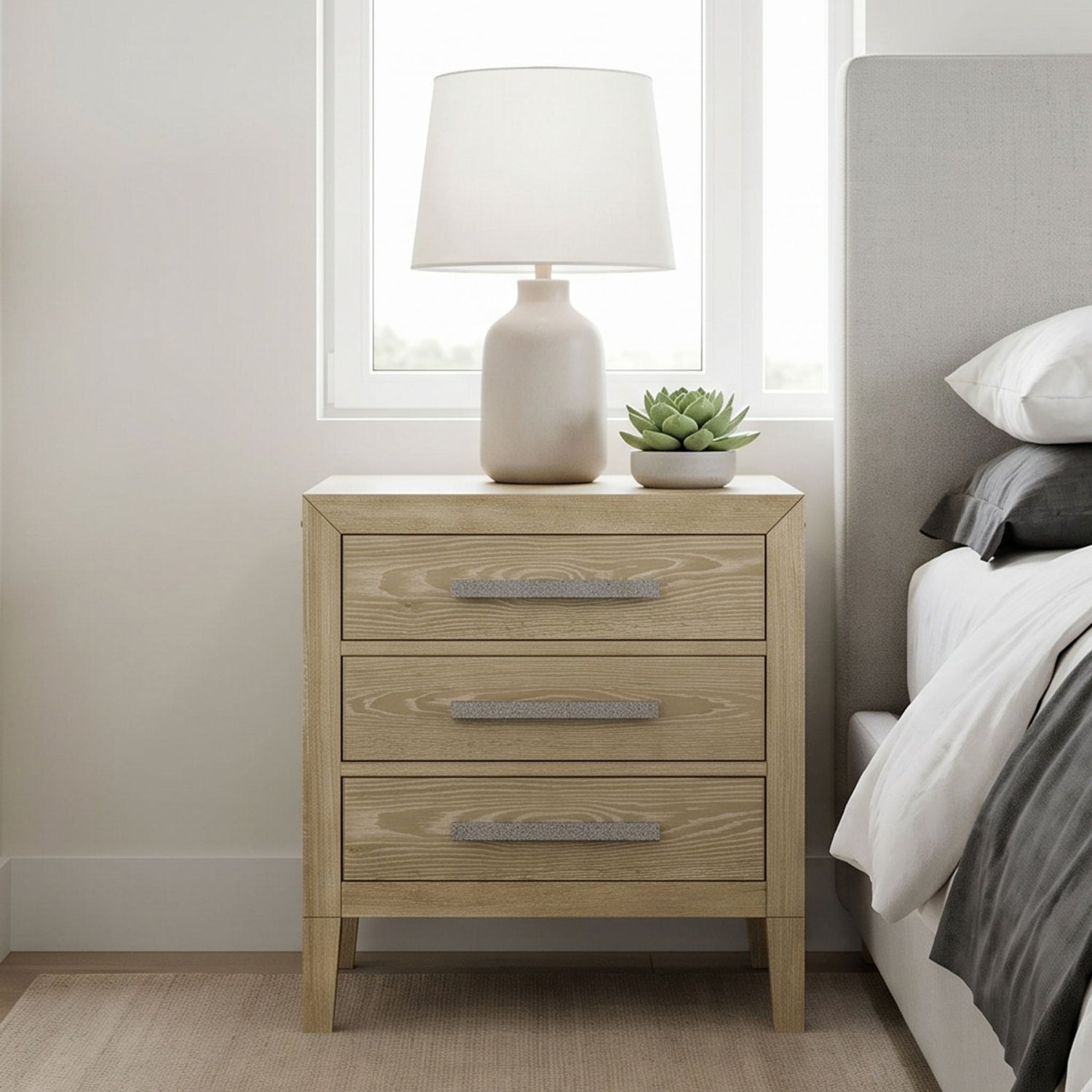 Adeline - 3 Drawers Nightstand With USB &amp; LED Light - Natural Wood Wash