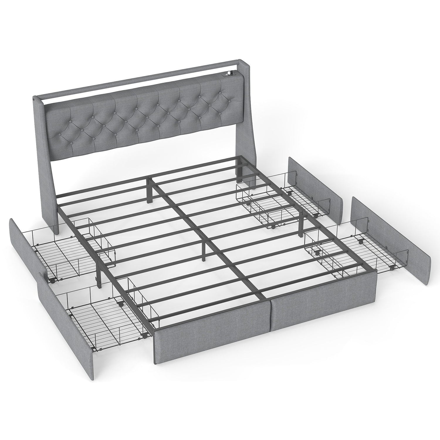 Platform Bed Frame With RGB LED Lights, Charging Station, Storage Headboard &amp; 4 Underbed Drawers