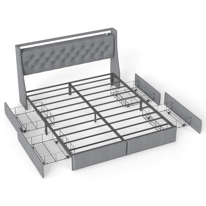 Platform Bed Frame With RGB LED Lights, Charging Station, Storage Headboard &amp; 4 Underbed Drawers