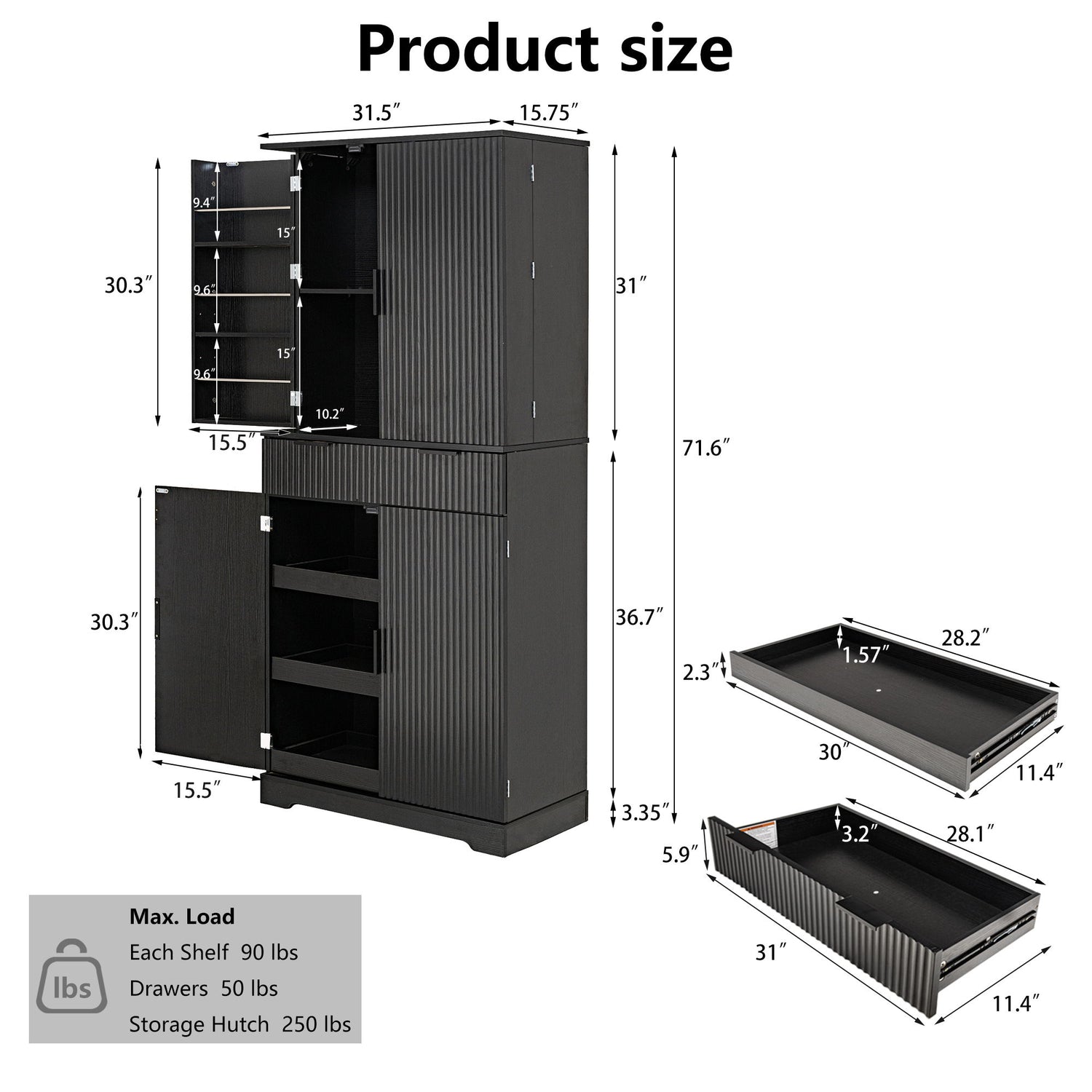 Fluted Kitchen Pantry Cabinet With 3 Keyboard Drawers &amp; 6 Adjustable Door Shelves