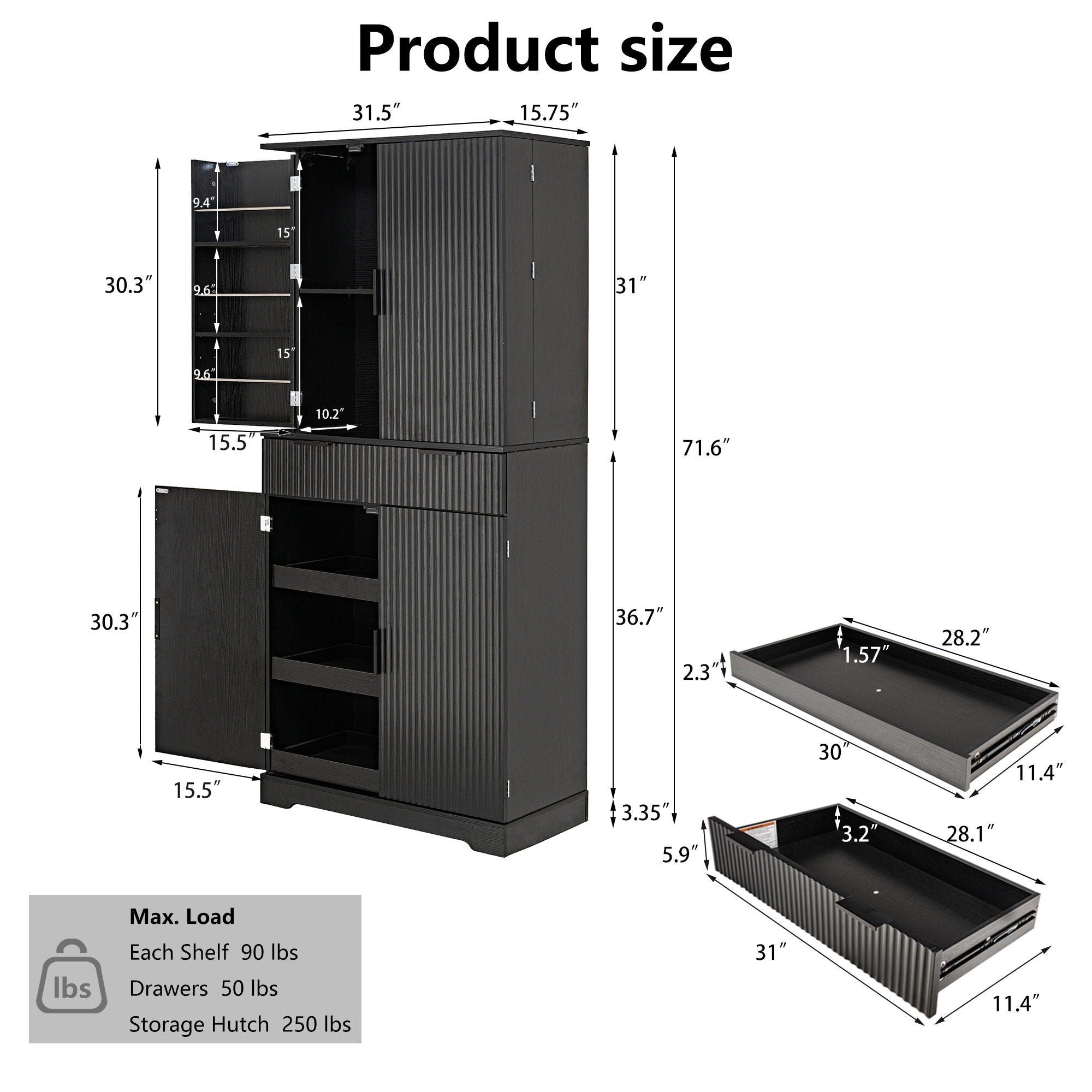 Fluted Kitchen Pantry Cabinet With 3 Keyboard Drawers &amp; 6 Adjustable Door Shelves