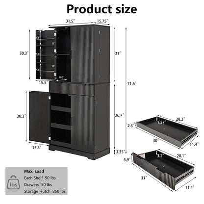 Fluted Kitchen Pantry Cabinet With 3 Keyboard Drawers &amp; 6 Adjustable Door Shelves