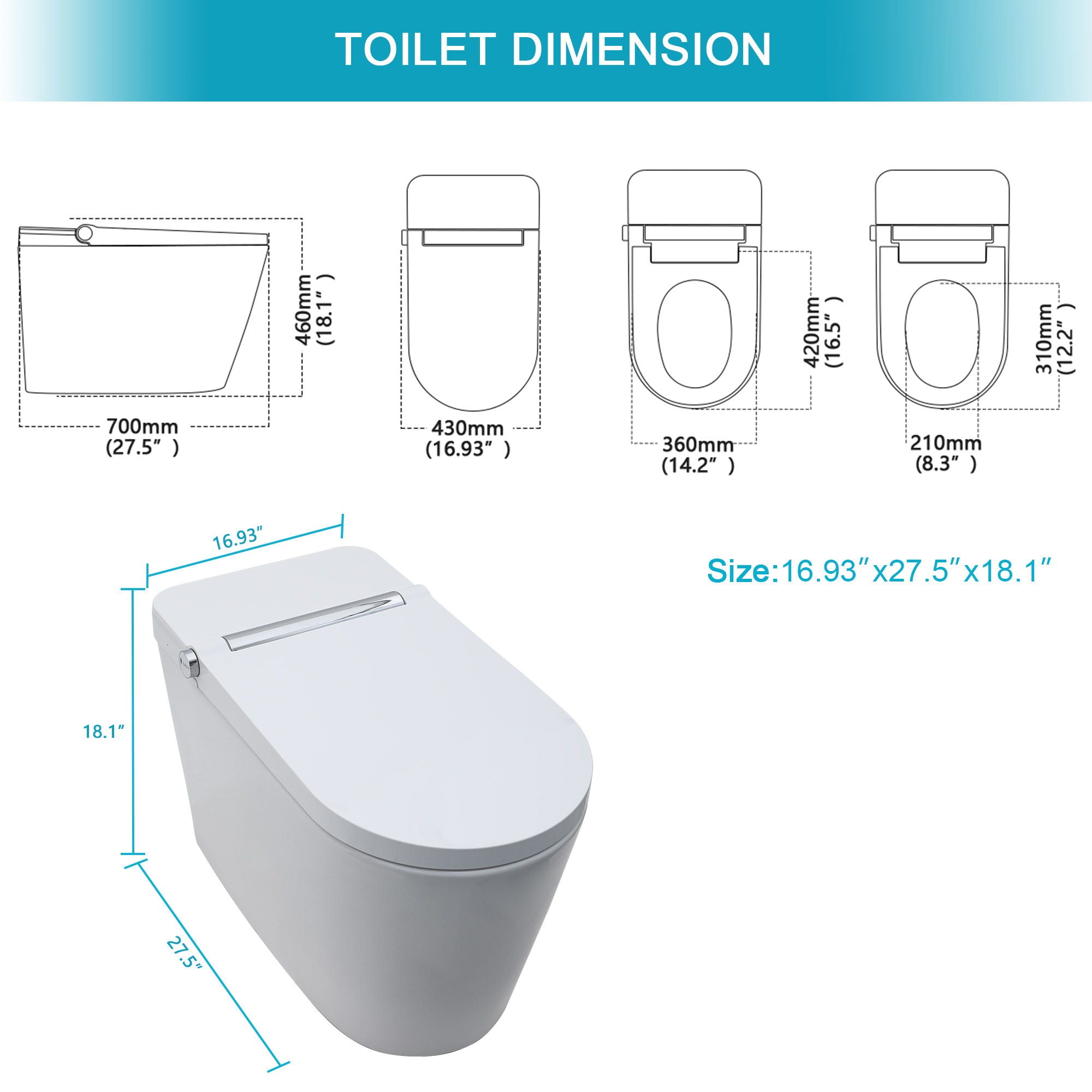 Smart Toilet With Bidet Built In, Auto Open &amp; Close, Elongated Heated Seat, Foot Sensor Flush, LED Display, Warm Water Wash - White