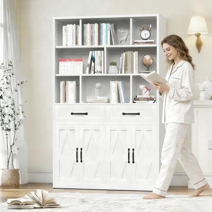 Bookcase Tall With 2 Doors &amp; 2 Drawers, Fixed Open Shelves - White