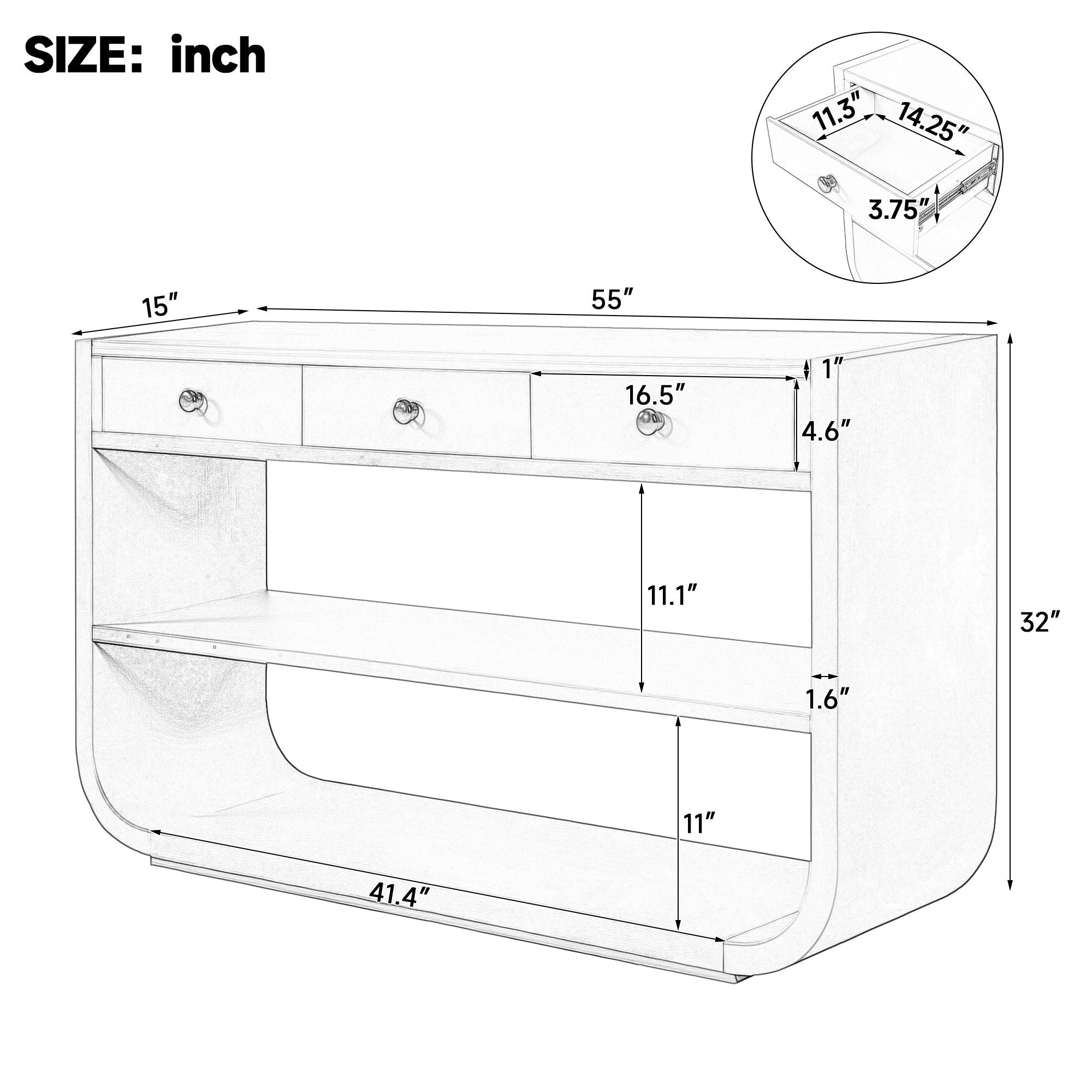 Console Table With 3 Soft Close Drawers &amp; 2 Open Shelves