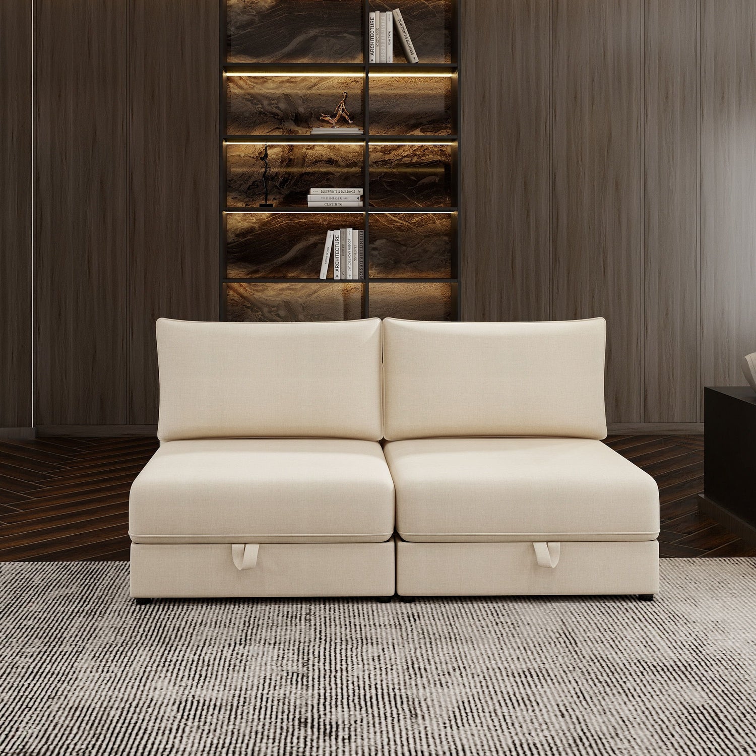 Modular Sectional Sofa With Storage, Convertible 2 Seater Sleeper Sofa - Beige