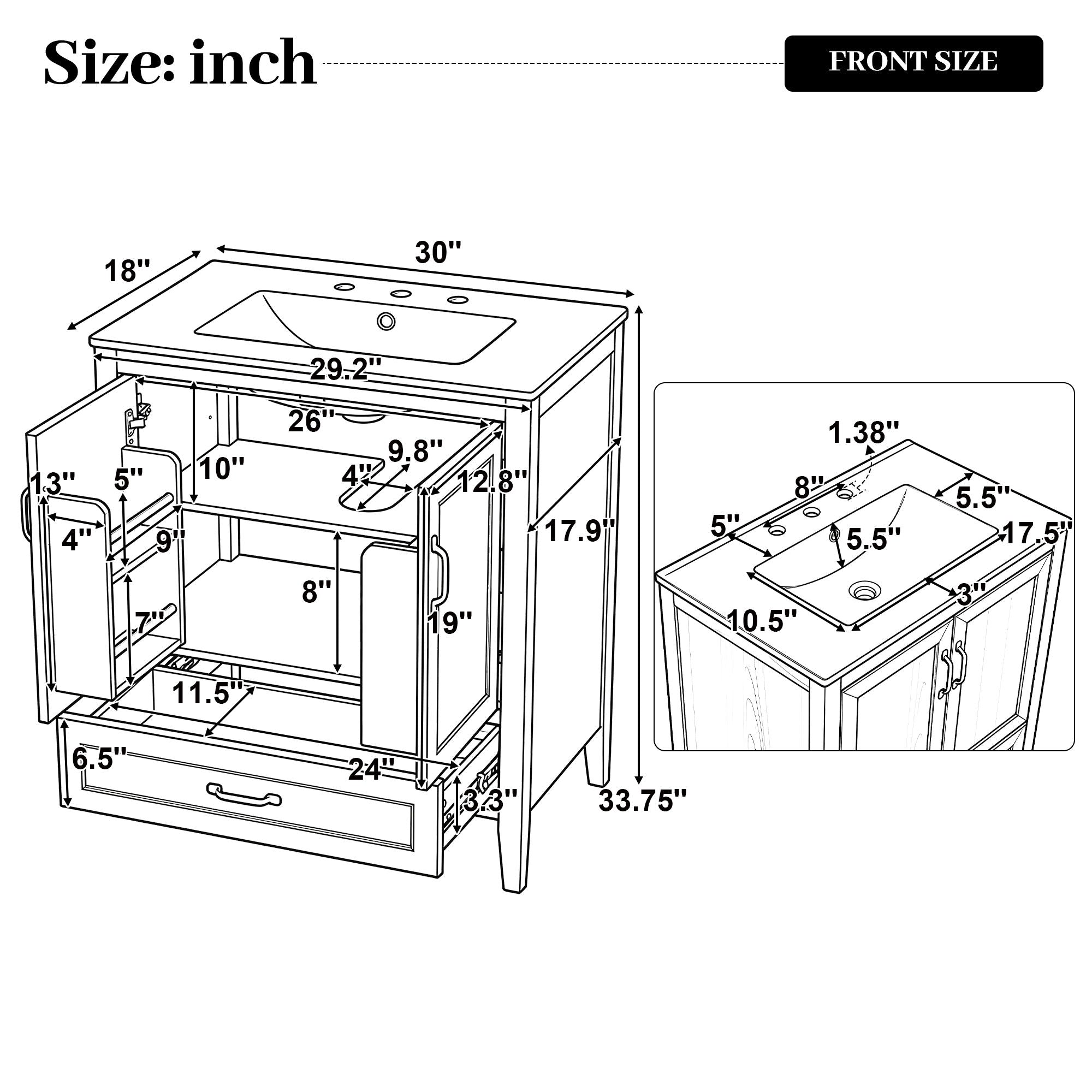 Elegant Fluted Bathroom Vanity With Sink, Soft Close Doors &amp; Drawer
