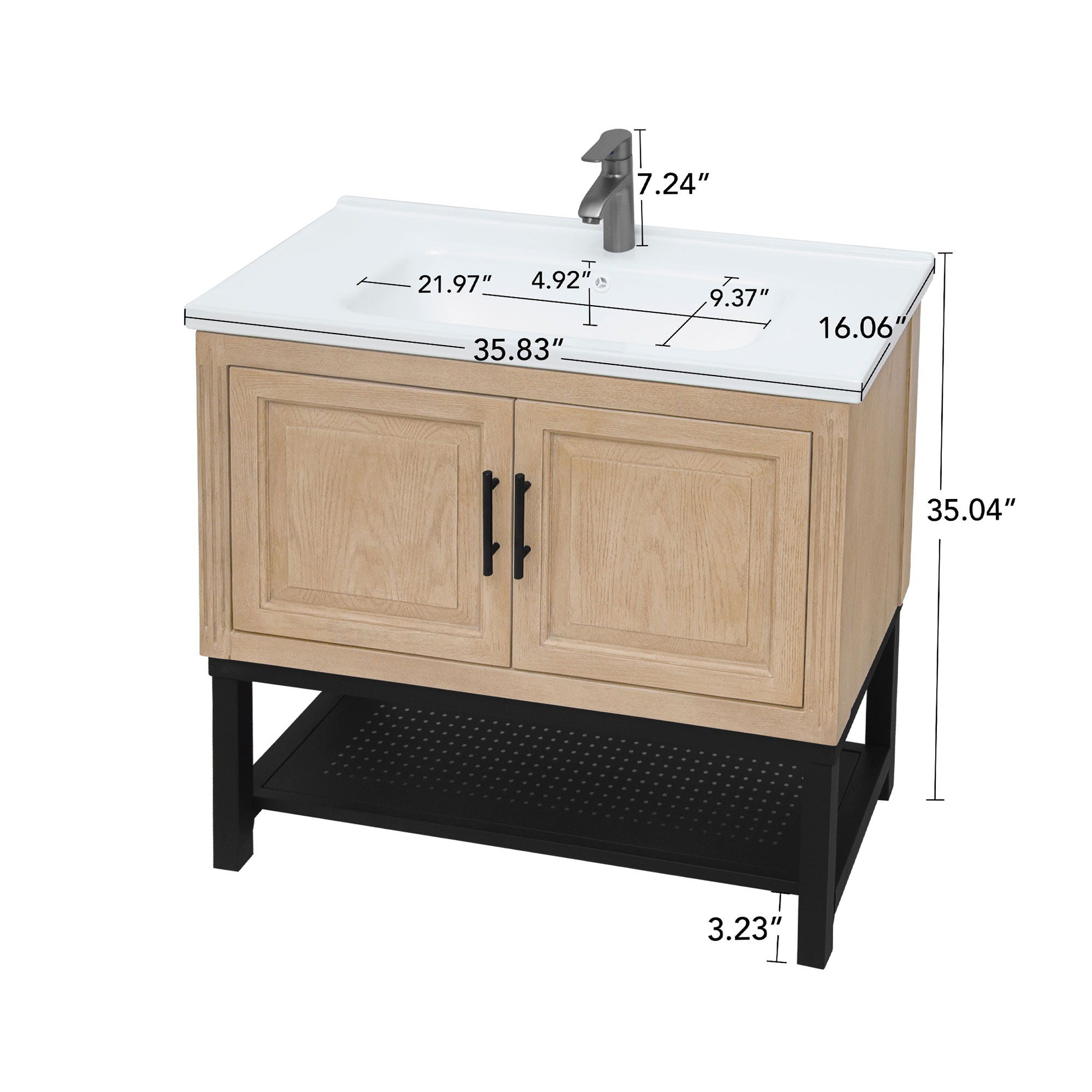 Modern Freestanding Bathroom Vanity With Ceramic Sink, Hot And Cold Faucet, Storage Cabinet &amp; Open Shelf