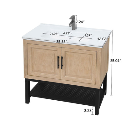 Modern Freestanding Bathroom Vanity With Ceramic Sink, Hot And Cold Faucet, Storage Cabinet &amp; Open Shelf