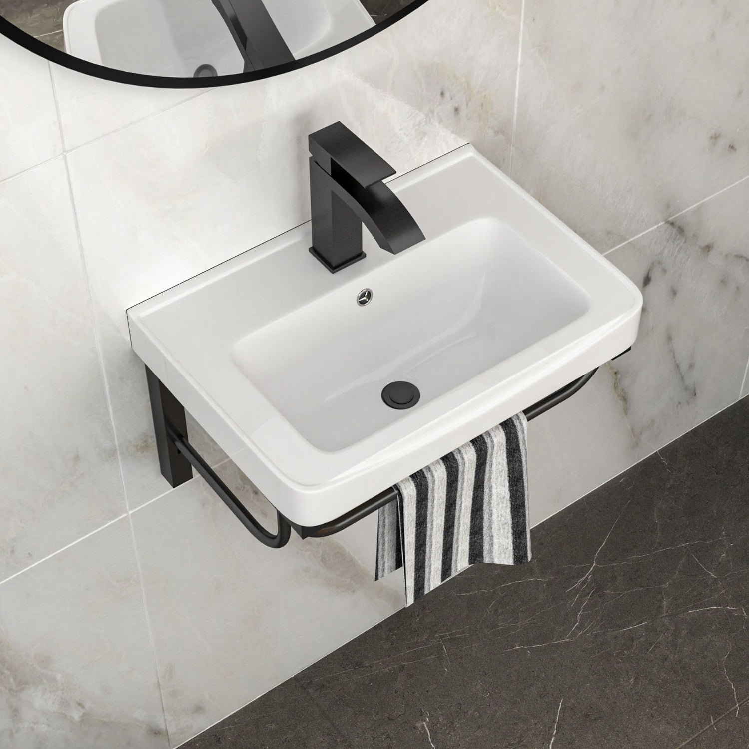 Wall Mounted Rectangular Bathroom Sink With 304 Stainless Steel Towel Bar &amp; Overflow - White