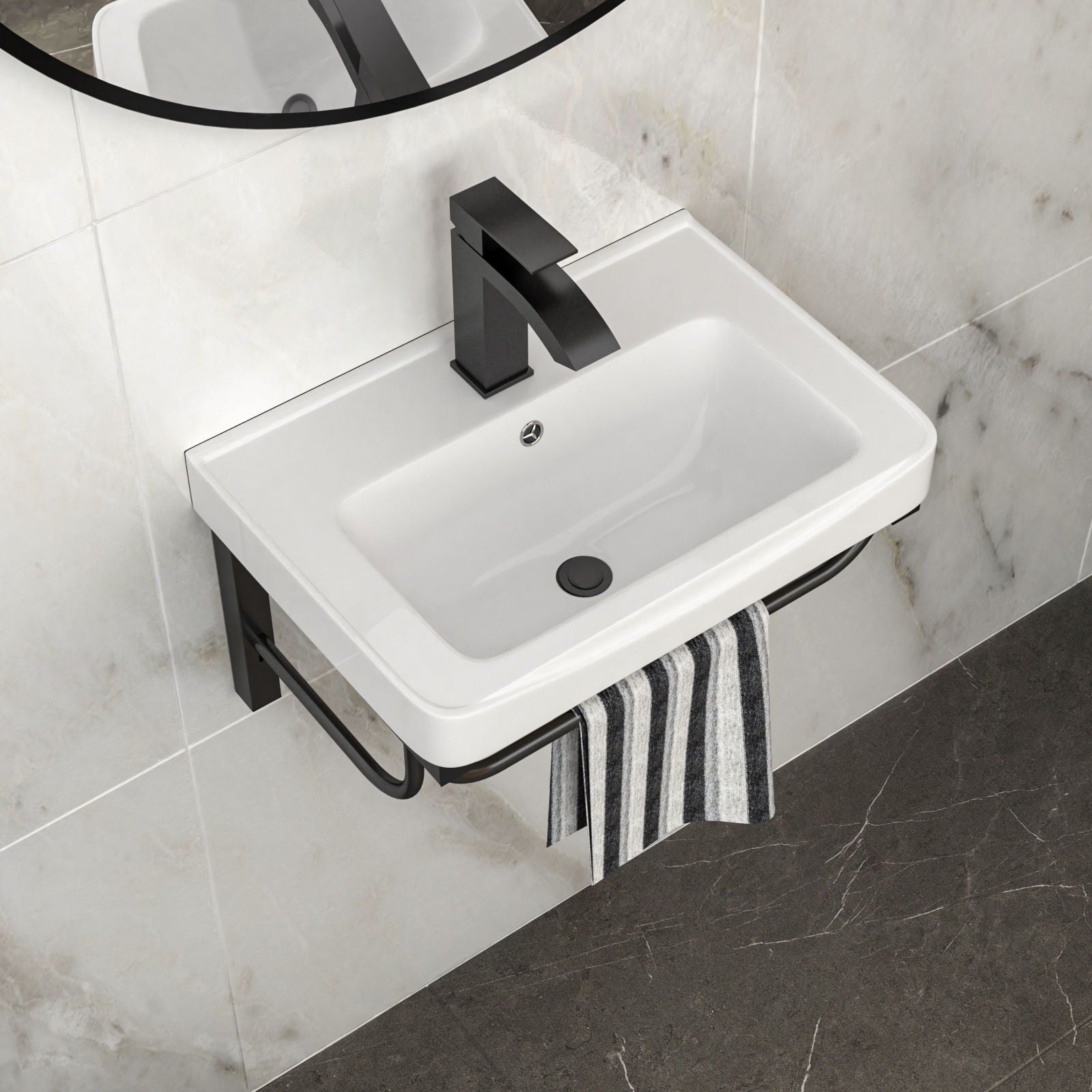 Wall Mounted Rectangular Bathroom Sink With 304 Stainless Steel Towel Bar &amp; Overflow - White