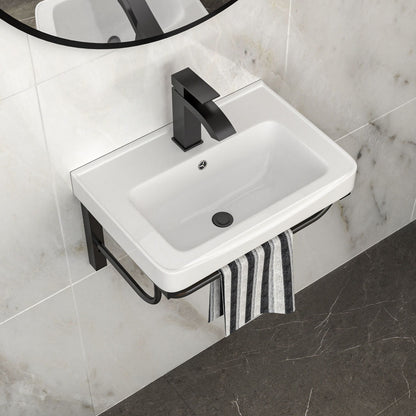 Wall Mounted Rectangular Bathroom Sink With 304 Stainless Steel Towel Bar &amp; Overflow - White
