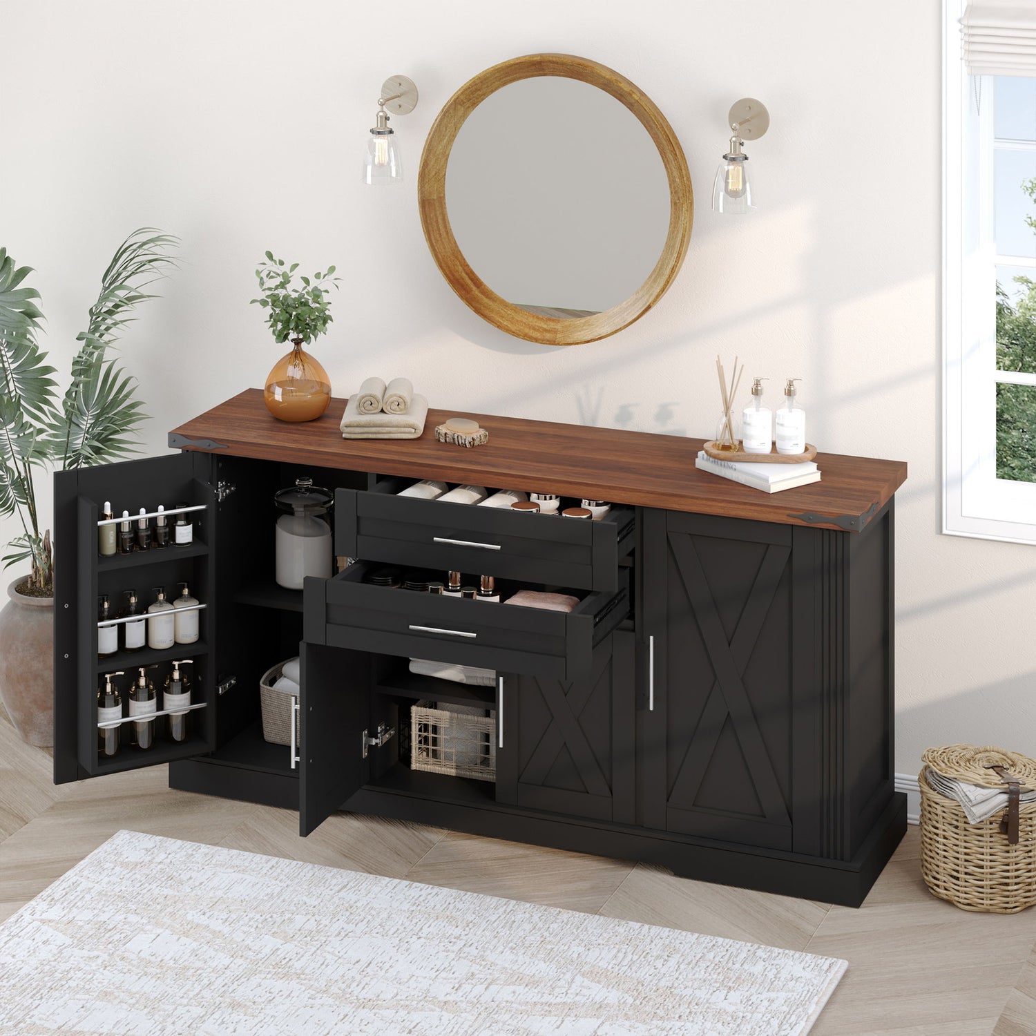 Barn Door Storage Cabinet With 2 Drawers &amp; Door Rack, Adjustable Shelves