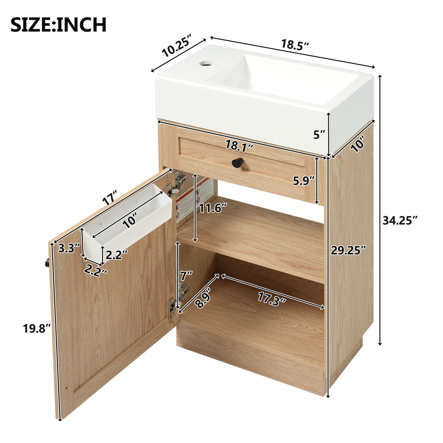 Bathroom Vanity With Reversible Resin Sink, Cabinet &amp; Zinc Alloy Handles - Wood