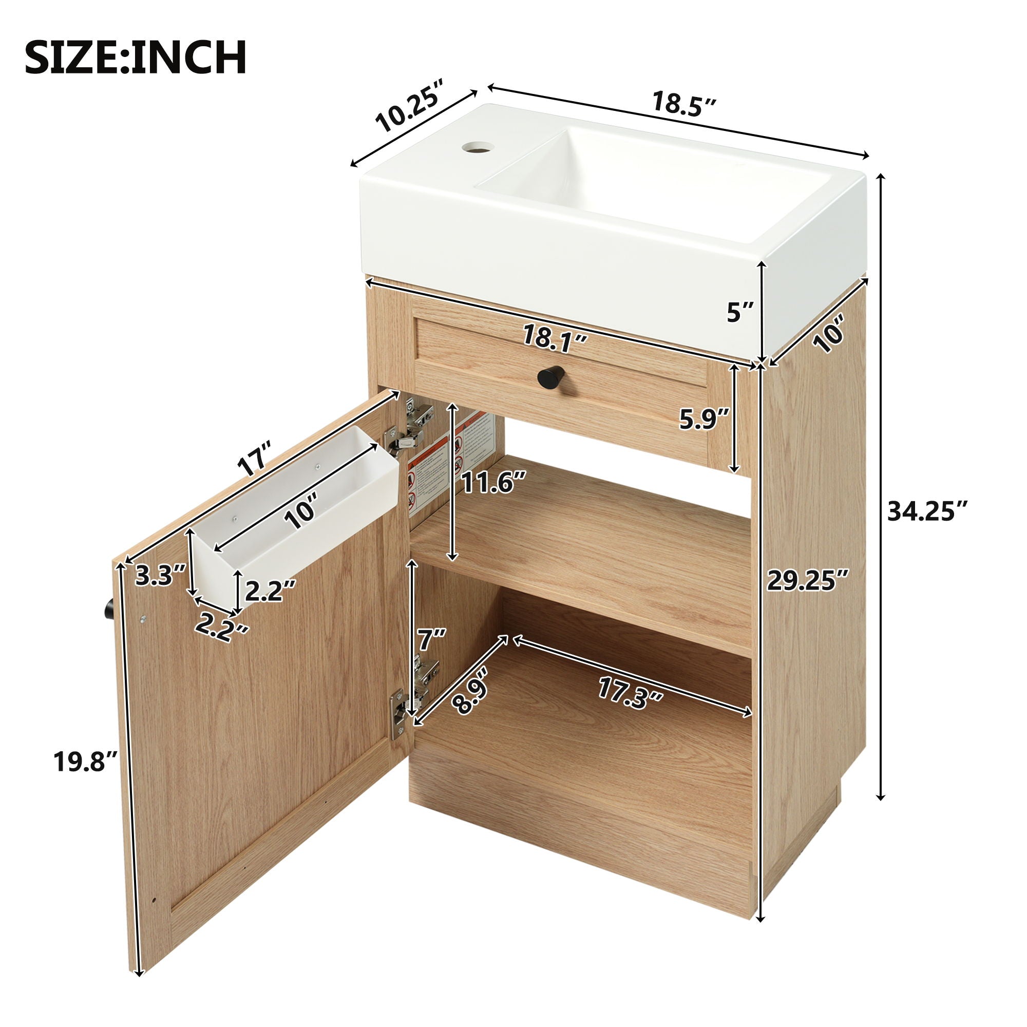 Bathroom Vanity With Reversible Resin Sink, Cabinet &amp; Zinc Alloy Handles - Wood