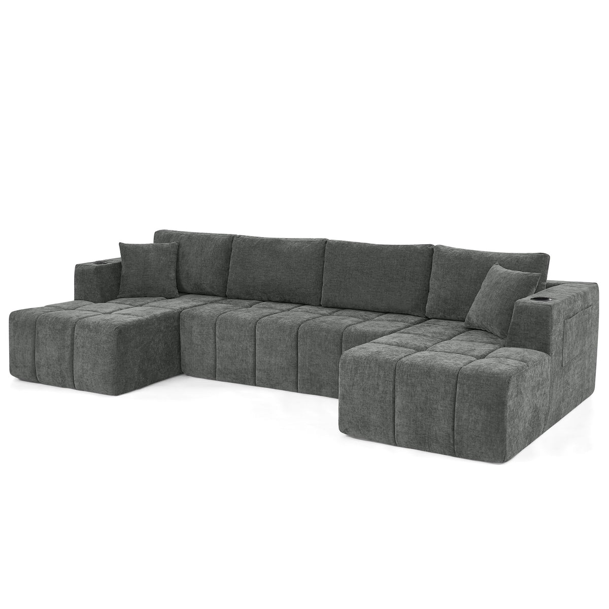 U - Shaped Sectional Sofa, Cup Holders &amp; Side Pockets For Living Room