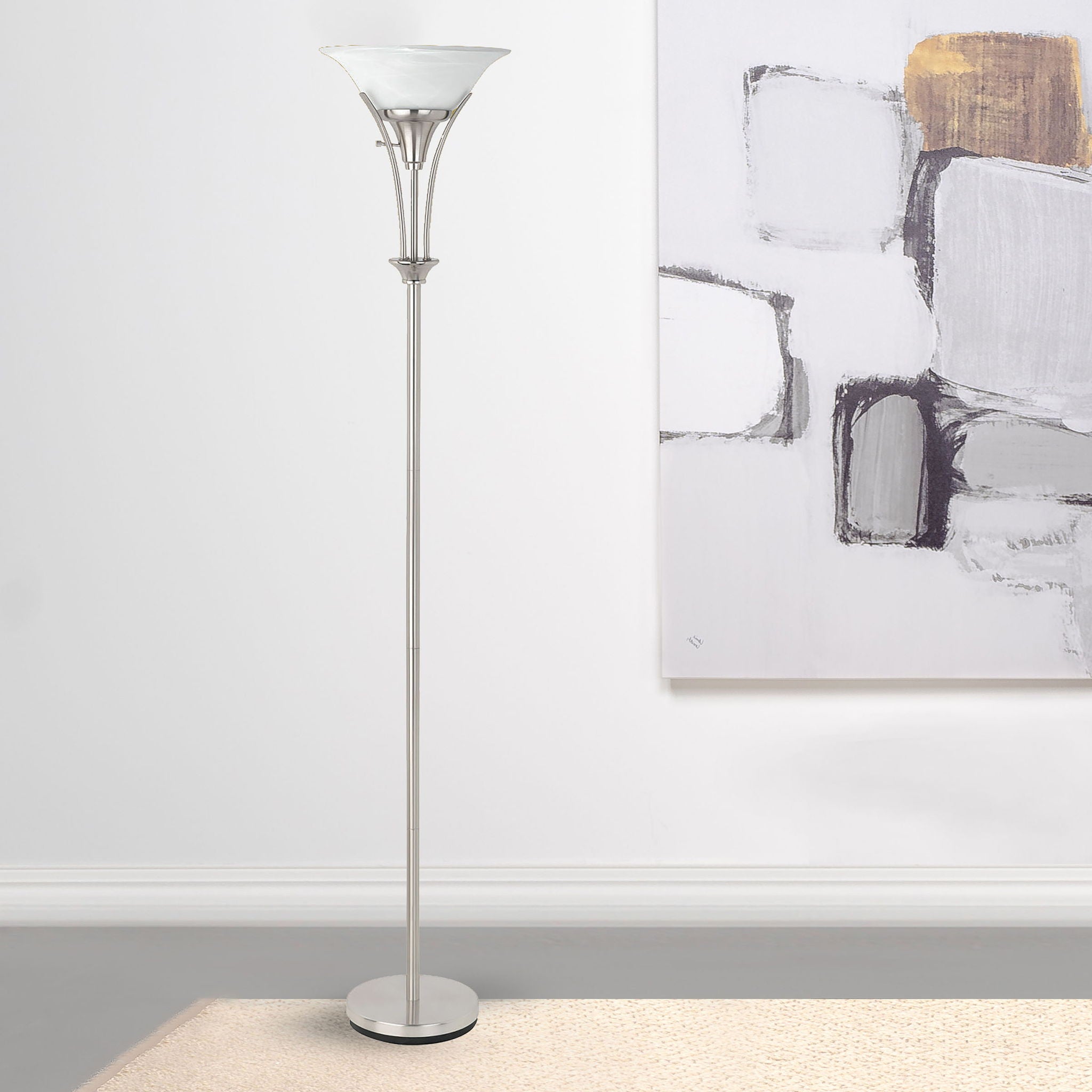 Jessa - Torchiere Floor Lamp With Soft Glass Shade - Silver