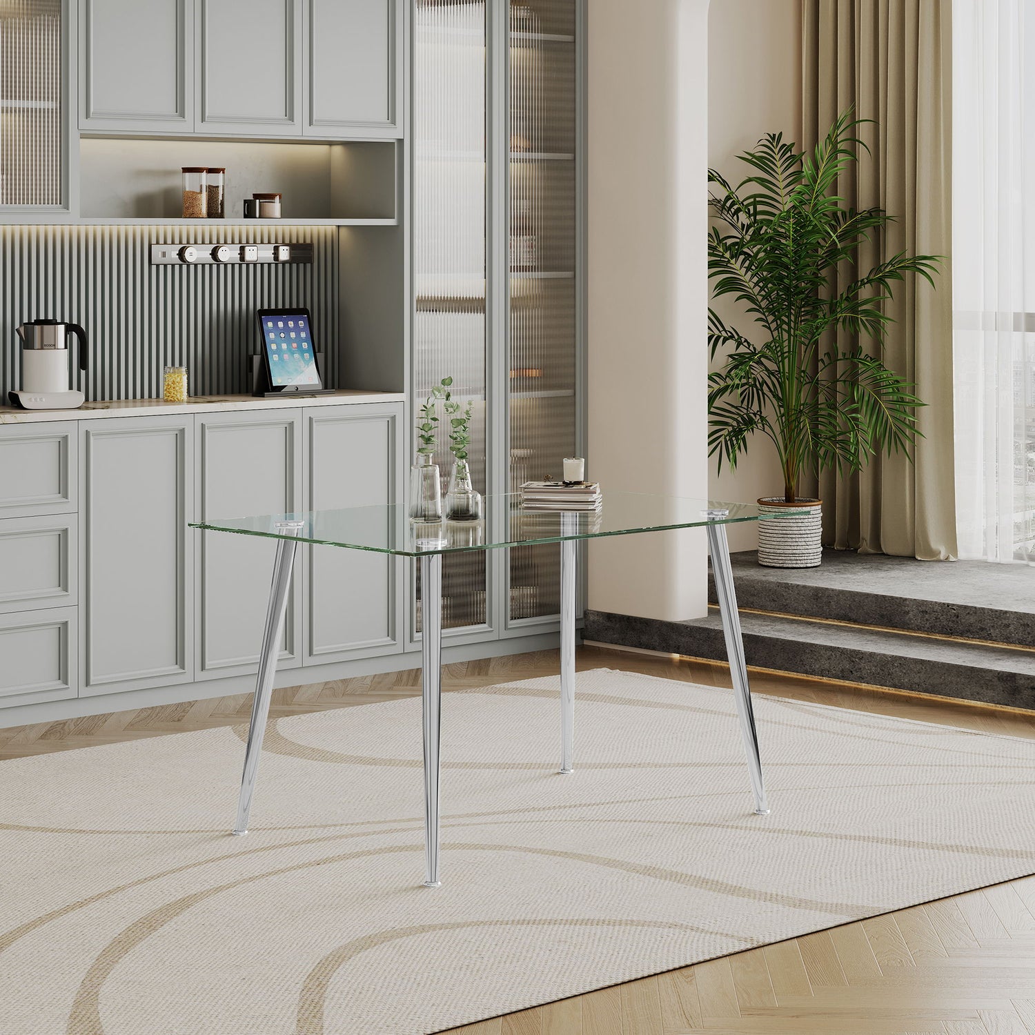 Thick Tempered Glass Top Dining Table &amp; Stainless Steel Legs - Silver
