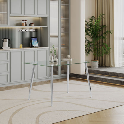 Thick Tempered Glass Top Dining Table &amp; Stainless Steel Legs - Silver
