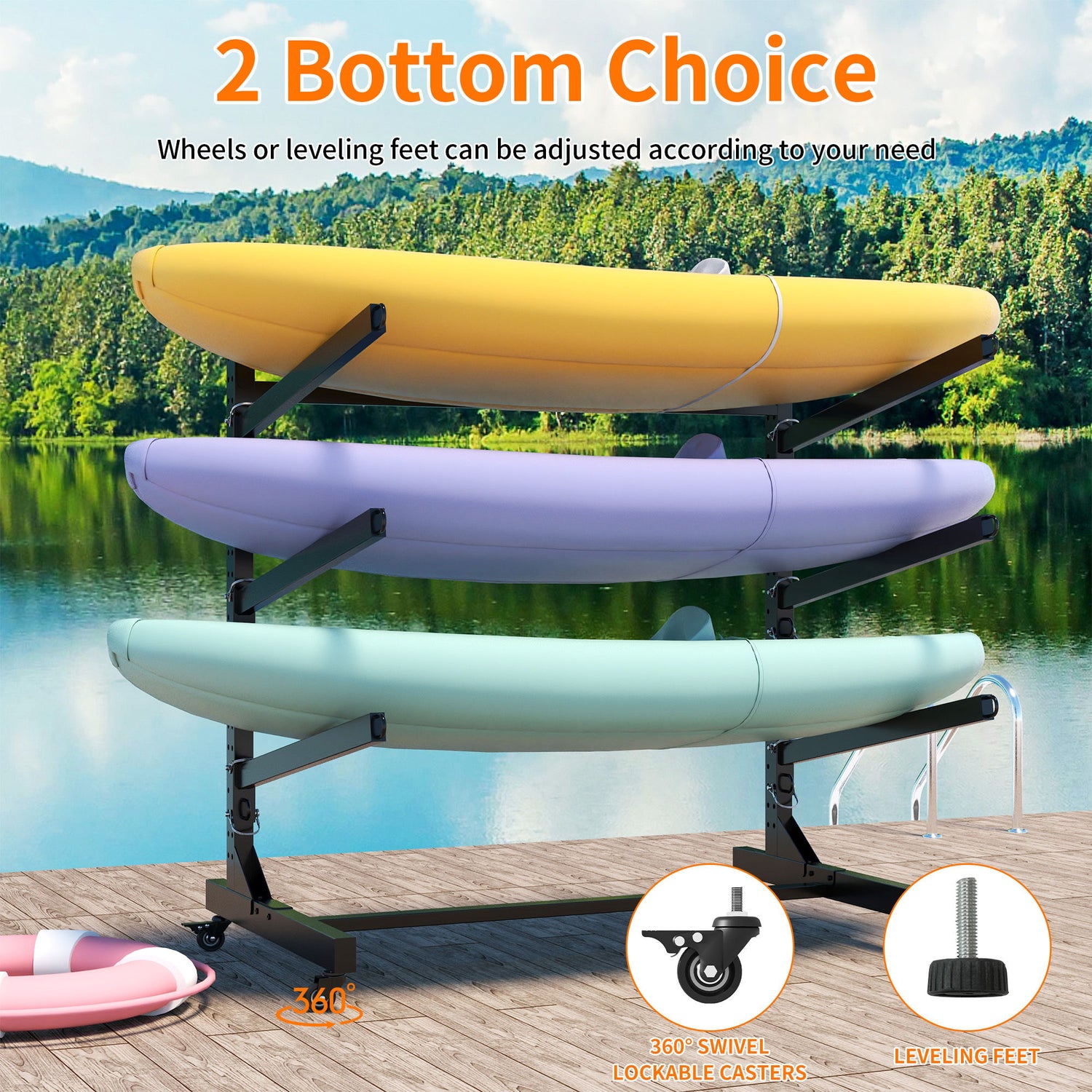Freestanding Kayak Storage Rack With Lockable Wheels For Kayak, Canoe, Sup &amp; Surfboard