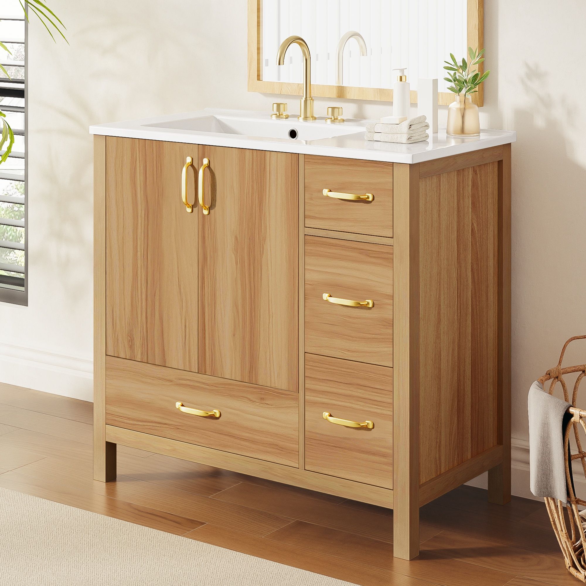 36&quot; Bathroom Vanity, 2 Soft Close Doors, 4 Soft Close Drawers, Adjustable Shelf, Storage Cabinet - Acacia Wood