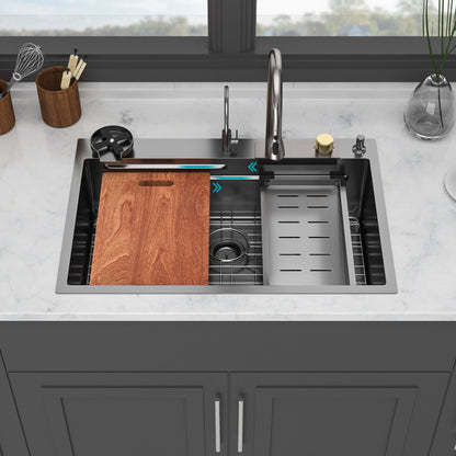 Waterfall Kitchen Sink With Pull Out Faucet &amp; Cup Washer