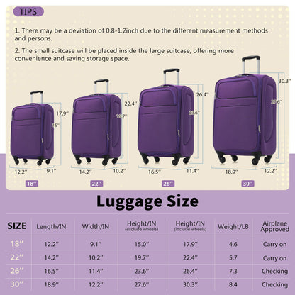 Softside Luggage 4 Piece Set With Expandable Spinner Wheels