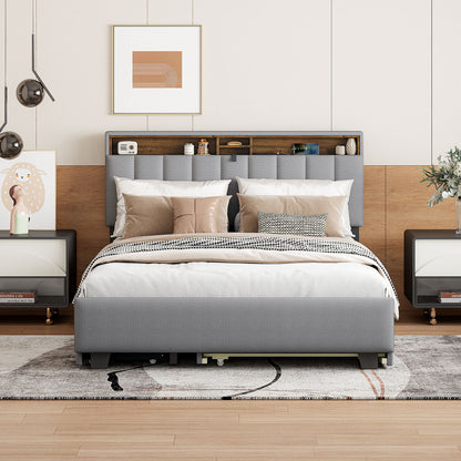 Upholstered Platform Bed With Storage Headboard, Trundle &amp; 2 Drawers And A Set Of Sockets &amp; USB Ports