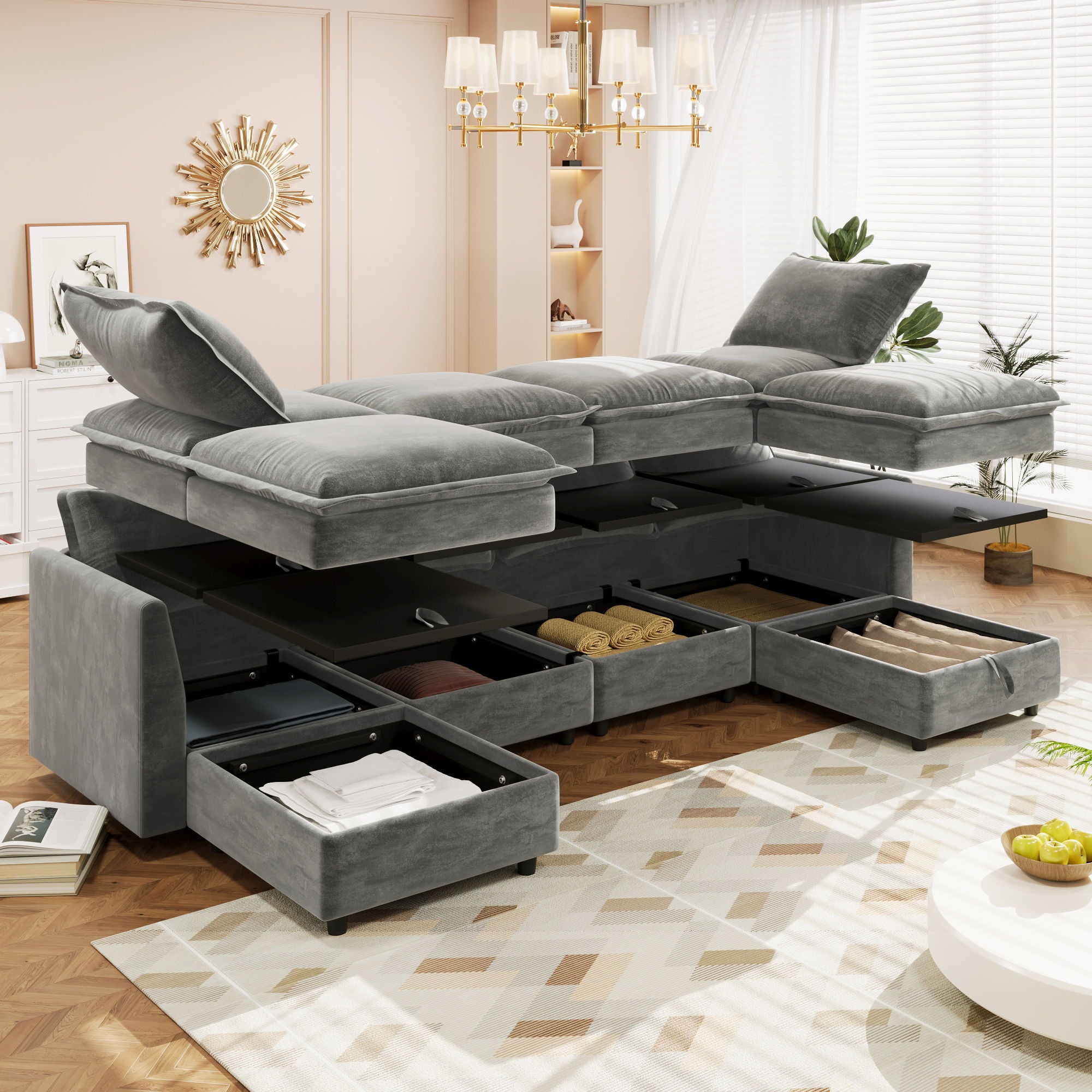 Versatile 6 Piece Modular Sofa Bed With Storage, Stylish Faux Double Layer Cushions, Comfortable &amp; Durable Design, Perfect For Any Living Space