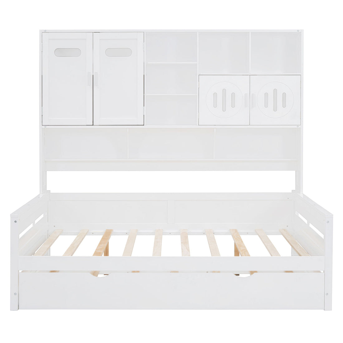 Full Size Wooden Daybed With Twin Size Trundle, And All In One Cabinet And Shelf - White