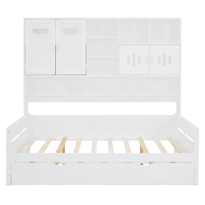 Full Size Wooden Daybed With Twin Size Trundle, And All In One Cabinet And Shelf - White