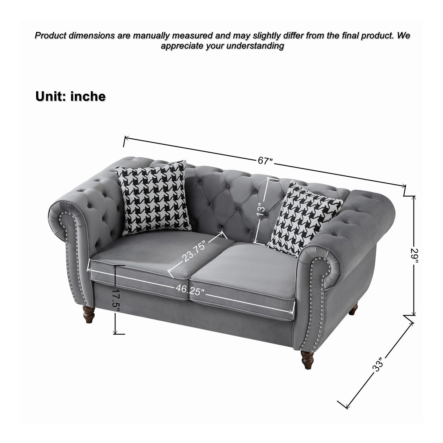 Chesterfield Velvet Upholstery Fabric Loveseat With Roll Armrest And Nailhead