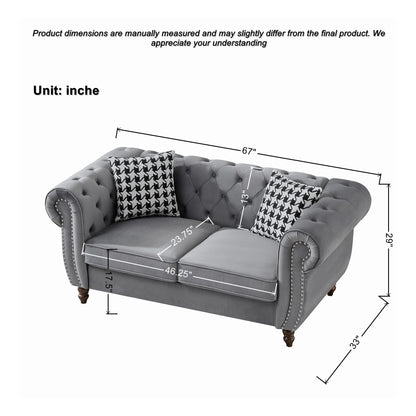 Chesterfield Velvet Upholstery Fabric Loveseat With Roll Armrest And Nailhead