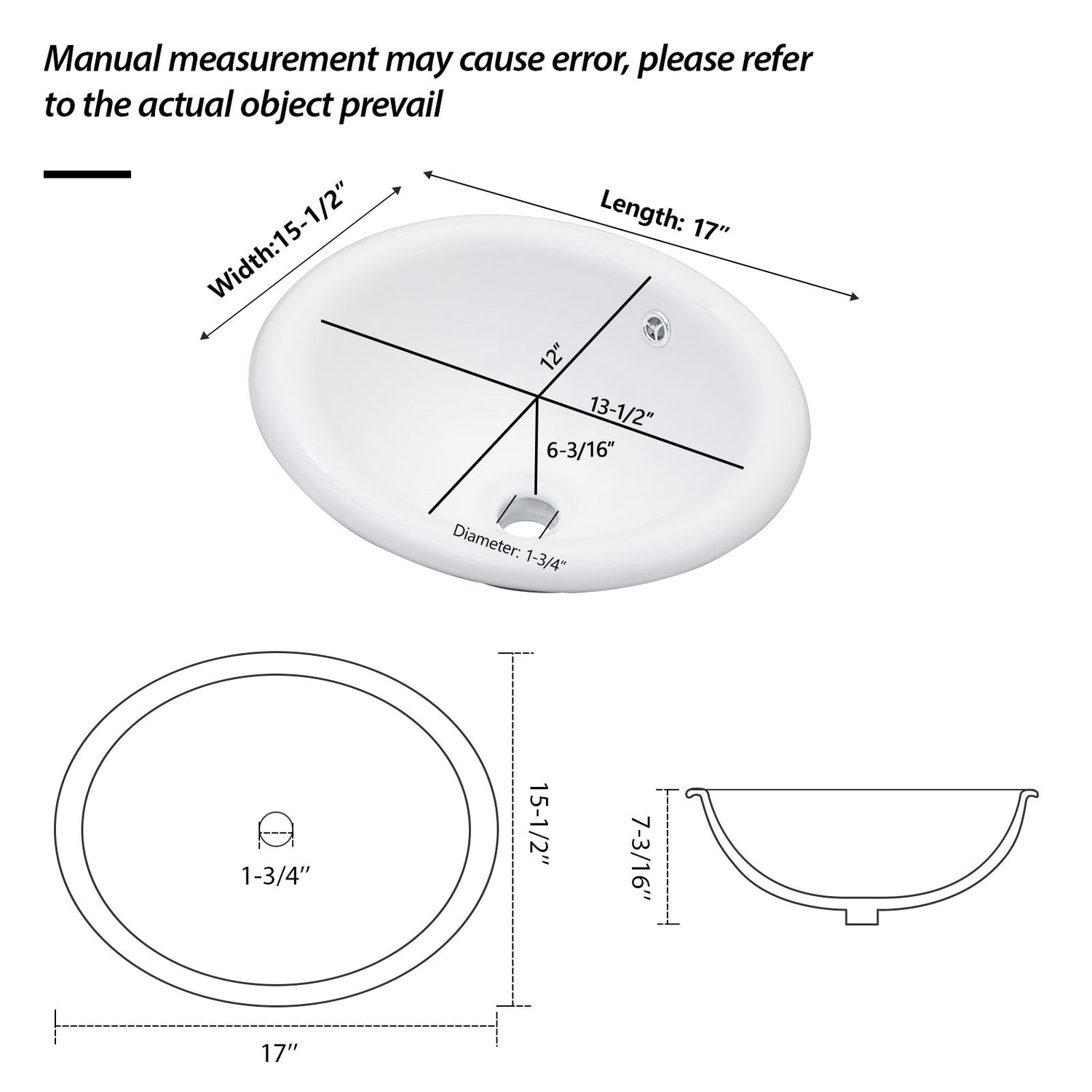 Semi Recessed Bathroom Sink With Countertop Vessel Design, 17&quot; X 15.5&quot; - White
