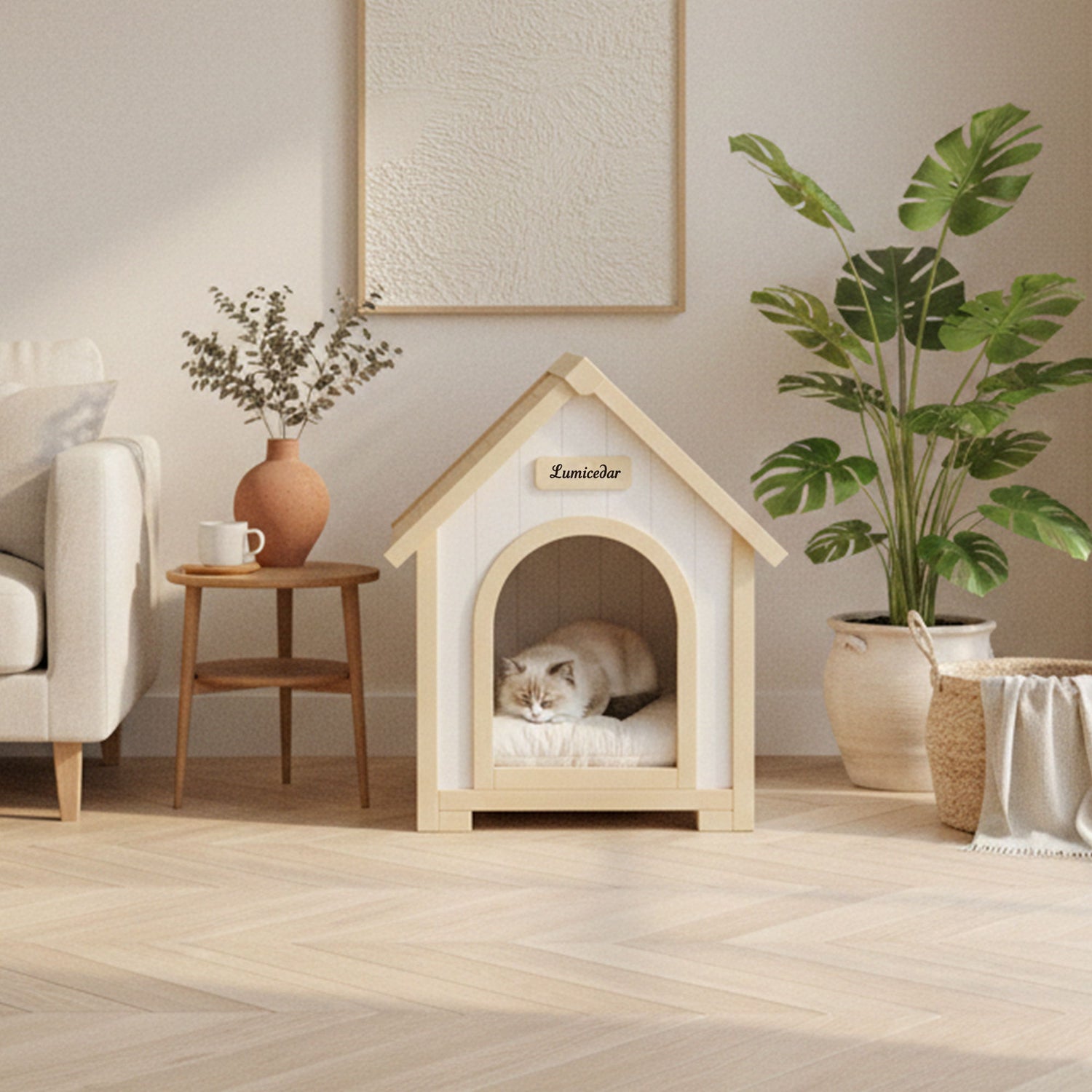 Indoor Dog House With Cushion Pet House For Small Dogs &amp; Cats - Creamy White / Light Yellow