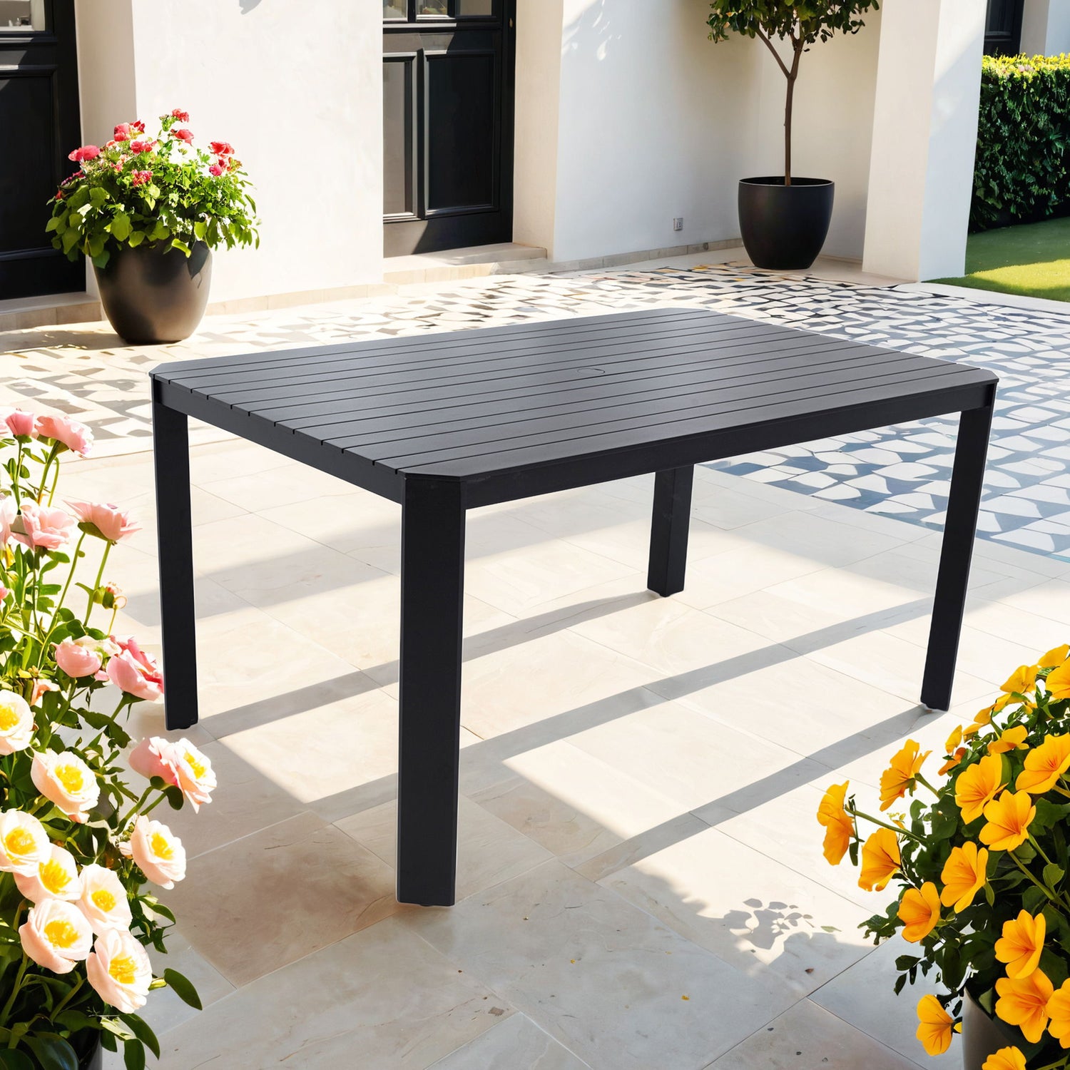 Modern Outdoor Table With Alternating Wide And Narrow Slats, Angled Corners, 2&quot; Big Umbrella Hole, And Adjustable Non Slip Pads - Bourbon Brown